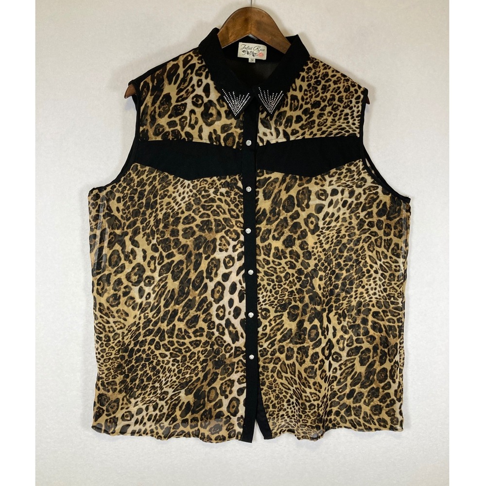 Mob Boss Wife Juliet Rose Women 2X Brown Sleeveless Rhinestone‎ Sheer Blouse